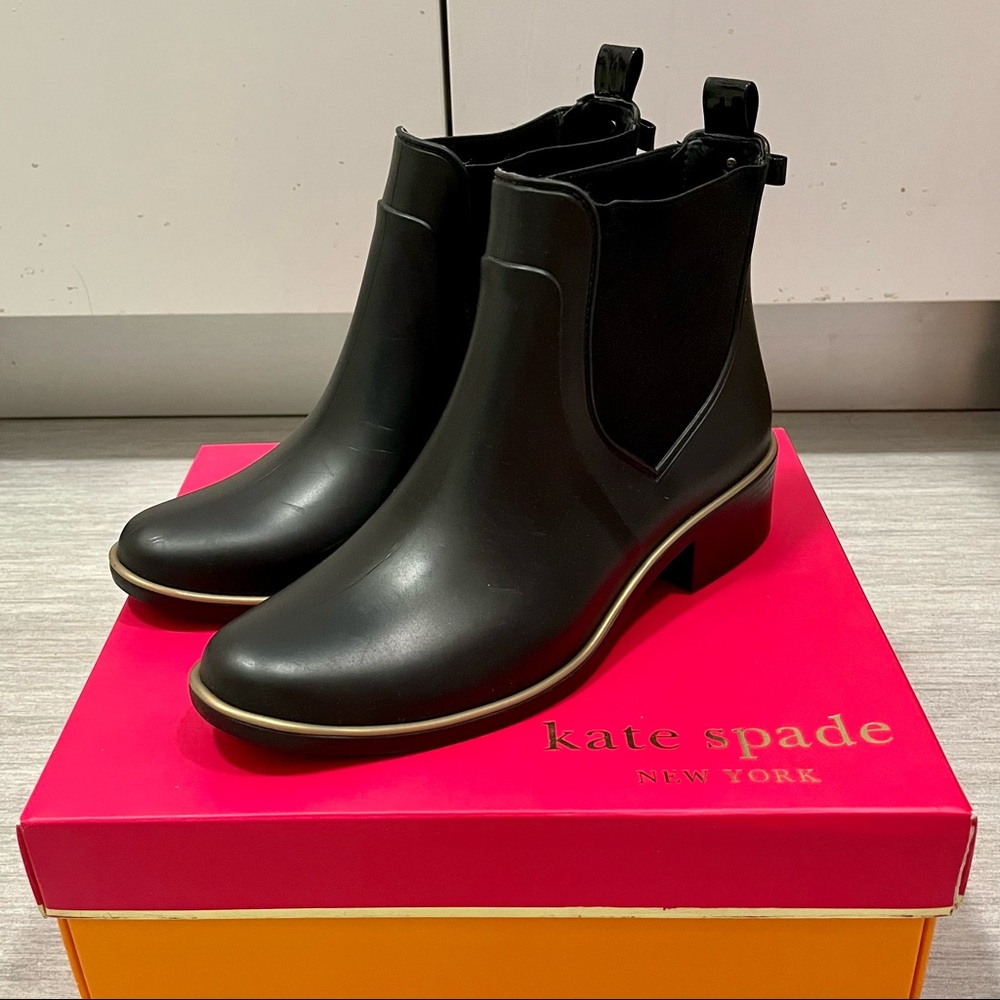 Kate Spade Chelsea-style Rain Booties with back bows and gold accents